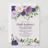 パープルフローラグリッター90番目の誕生日招待状 招待状 (正面)