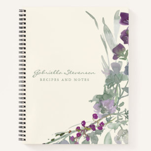 パープルフローラグリーナリーウォーターカラーカスタムレシピ ノートブック
