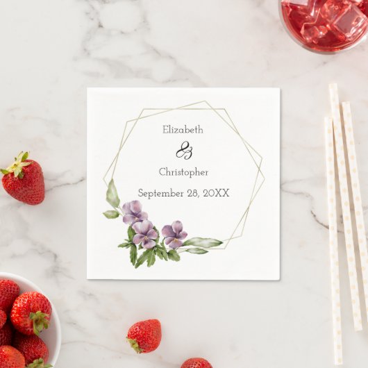 パープルフローラグリーンリーエレガントなウェディングナプキン スタンダードカクテルナプキン (インサイチュ)