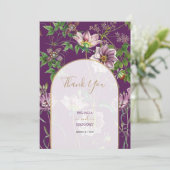 パープルフローラグリーン金ゴールド結婚アーチズ サンキューカード (スタンド正面)