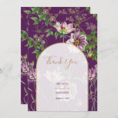 パープルフローラグリーン金ゴールド結婚アーチズ サンキューカード (正面/裏面)
