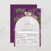 パープルフローラグリーン金ゴールド結婚アーチズ 出欠カード (正面/裏面)