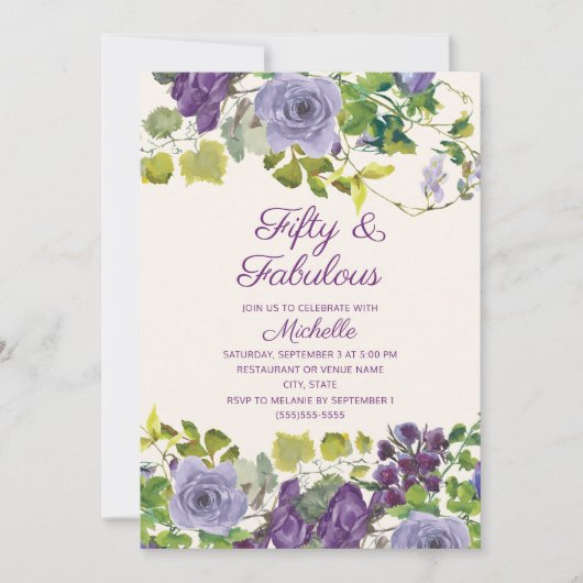 パープルフローラグ葉リーン誕生日50ファブラス 招待状 (正面)