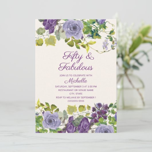 パープルフローラグ葉リーン誕生日50ファブラス 招待状 (スタンド正面)