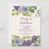 パープルフローラグ葉リーン誕生日60ファブラス 招待状 (正面)