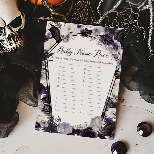 パープルフローラゴシックベビー名レースゲーム (Floral Gothic Coffin Baby Shower Baby Name Race Game)