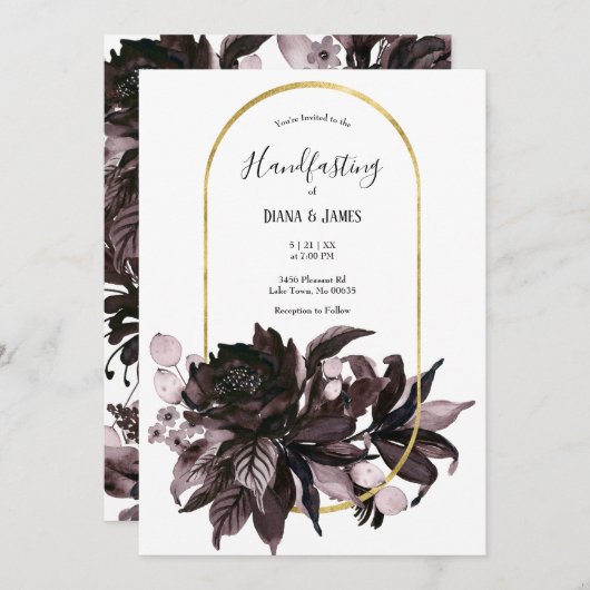 パープルフローラゴシックボホ異教のハンドスティング 招待状 (正面/裏面)