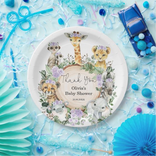 パープルフローラサファリワイルドアニマルズ誕生日のお願い ペーパープレート (パーティー)