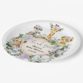 パープルフローラサファリワイルドアニマルズ誕生日のお願い ペーパープレート (アングル)