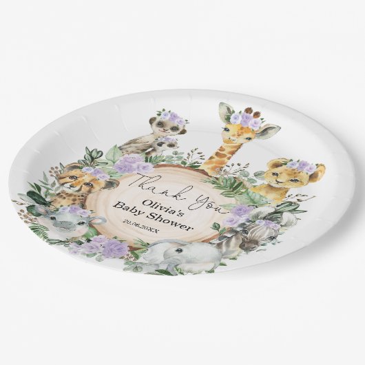 パープルフローラサファリワイルドアニマルズ誕生日のお願い ペーパープレート (アングル)