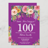 パープルフローラサプライズ100番目の誕生日招待状 招待状 (正面/裏面)