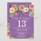 パープルフローラサプライズ13番目の誕生日招待状 招待状 (正面/裏面)