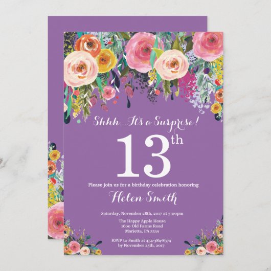 パープルフローラサプライズ13番目の誕生日招待状 招待状 (正面/裏面)