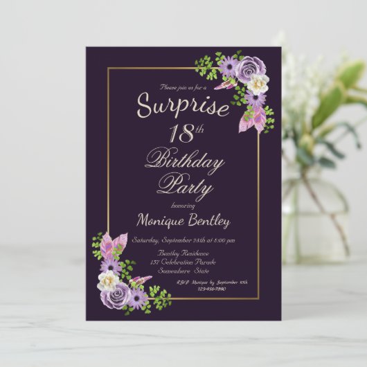パープルフローラサプライズ18thバースデーパーティー 招待状 (スタンド正面)