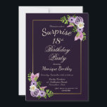 パープルフローラサプライズ18thバースデーパーティー 招待状<br><div class="desc">紫とラベンダーのフローラ驚きの18th誕生日パーティー招待ピンクと紫の羽と繊細な緑のシダの葉。</div>