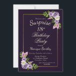 パープルフローラサプライズ18thバースデーパーティー 招待状<br><div class="desc">紫とラベンダーのフローラ驚きの18th誕生日パーティー招待ピンクと紫の羽と繊細な緑のシダの葉。</div>