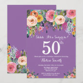 パープルフローラサプライズ50th誕生日招待状 招待状 (正面/裏面)