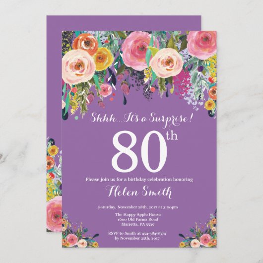 パープルフローラサプライズ80th誕生日招待状 招待状 (正面/裏面)
