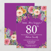パープルフローラサプライズ80th誕生日招待状 招待状 (正面/裏面)
