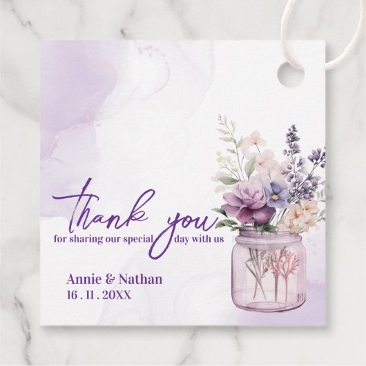パープルフローラシック感謝メッセージ結婚式パーティー フェイバータグ (裏面)