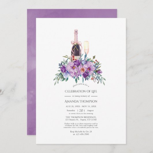 パープルフローラシャンパンお祝いのライフフォト 招待状 (正面/裏面)