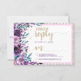 パープルフローラシャンパン結婚金ゴールドの返信RSVP 出欠カード