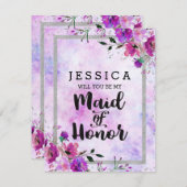 パープルフローラシルバーが私のメイド・オブ・オーナー(花嫁付き添い人) 招待状 (正面/裏面)