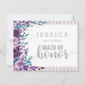 パープルフローラシルバーが私のメイド・オブ・オーナー（花嫁付き添い人） 招待状 (正面)