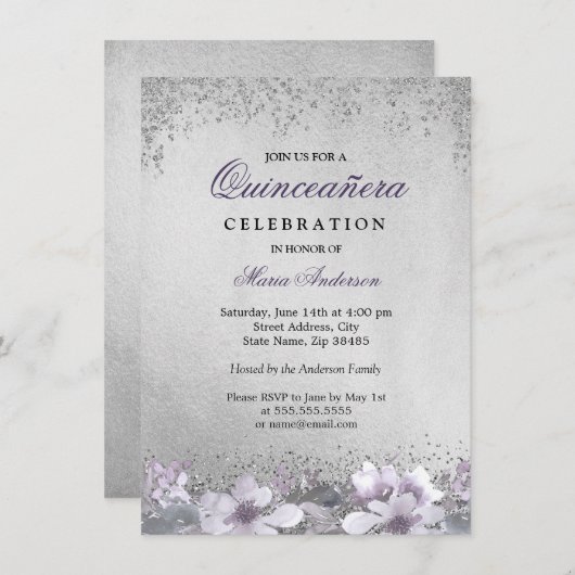 パープルフローラシルバーきらめくキンセアニェラ招待状 招待状 (正面/裏面)