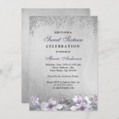 パープルフローラシルバーきらめくスウィート16招待状 招待状 (正面/裏面)