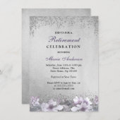 パープルフローラシルバーきらめく退職パーティー 招待状 (正面/裏面)