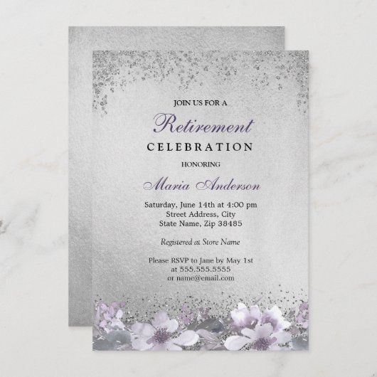 パープルフローラシルバーきらめく退職パーティー 招待状 (正面/裏面)