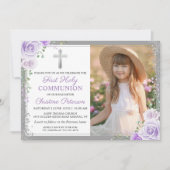 パープルフローラシルバーガール1st聖体拝領写真 招待状 (正面)