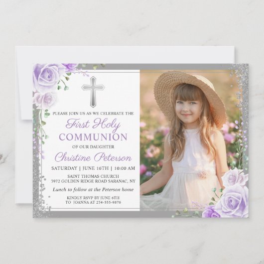 パープルフローラシルバーガール1st聖体拝領写真 招待状 (正面)