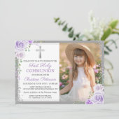 パープルフローラシルバーガール1st聖体拝領写真 招待状 (スタンド正面)