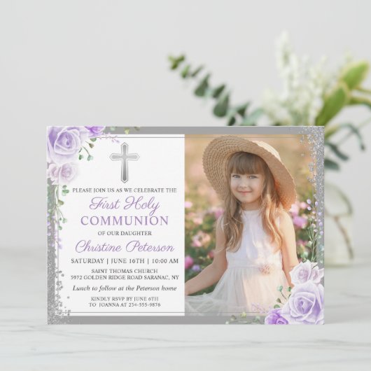 パープルフローラシルバーガール1st聖体拝領写真 招待状 (スタンド正面)