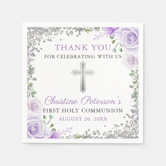 パープルフローラシルバーグリッターファースト・ホリー・コミューン スタンダードカクテルナプキン (正面)