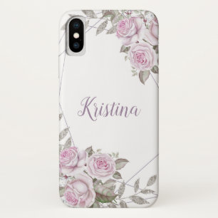パープルフローラシルバーグリッター幾何学名 iPhone X ケース
