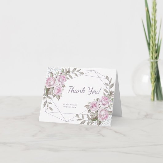 パープルフローラシルバーグリッター サンキューカード (正面)