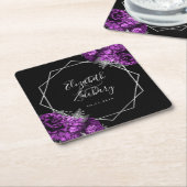 パープルフローラシルバージオメトリックブラック結婚ズ スクエアペーパーコースター (アングル)