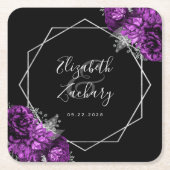 パープルフローラシルバージオメトリックブラック結婚ズ スクエアペーパーコースター (正面)