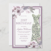 パープルフローラシルバーダイヤモンドドレス21歳の誕生日 招待状 (正面)