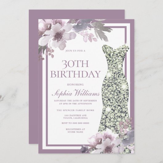 パープルフローラシルバーダイヤモンドドレス30th誕生日 招待状 (正面/裏面)