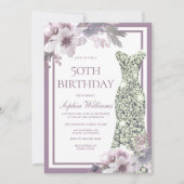 パープルフローラシルバーダイヤモンドドレス50誕生日 招待状 (正面)