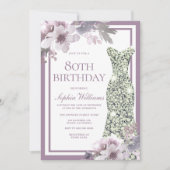 パープルフローラシルバーダイヤモンドドレス80誕生日 招待状 (正面)