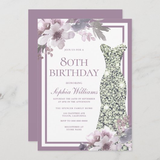 パープルフローラシルバーダイヤモンドドレス80誕生日 招待状 (正面/裏面)