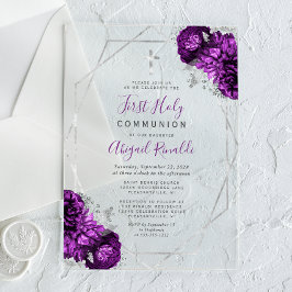 パープルフローラシルバーフレーム最初の聖餐式 アクリル招待状