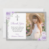 パープルフローラシルバー最初の聖餐式の写真 サンキューカード (正面)