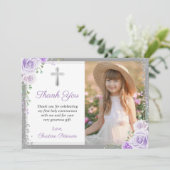 パープルフローラシルバー最初の聖餐式の写真 サンキューカード (スタンド正面)