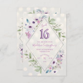 パープルフローラスウィート16誕生日 招待状 (正面/裏面)